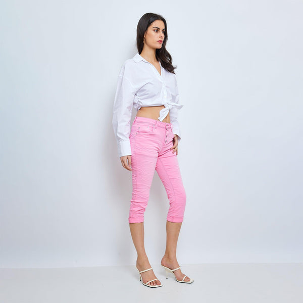 Color:Rose , Pantacourt en JoggJeans à Boutons - Pantacourt Femme - Place du jour