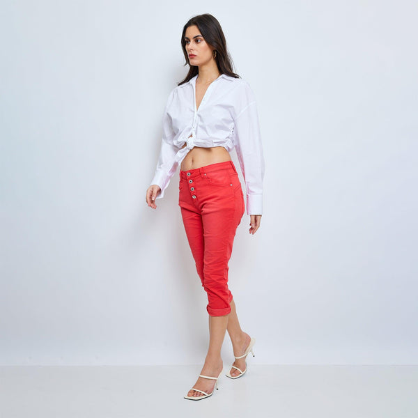 Color:Rouge , Pantacourt en JoggJeans à Boutons - Pantacourt Femme - Place du jour
