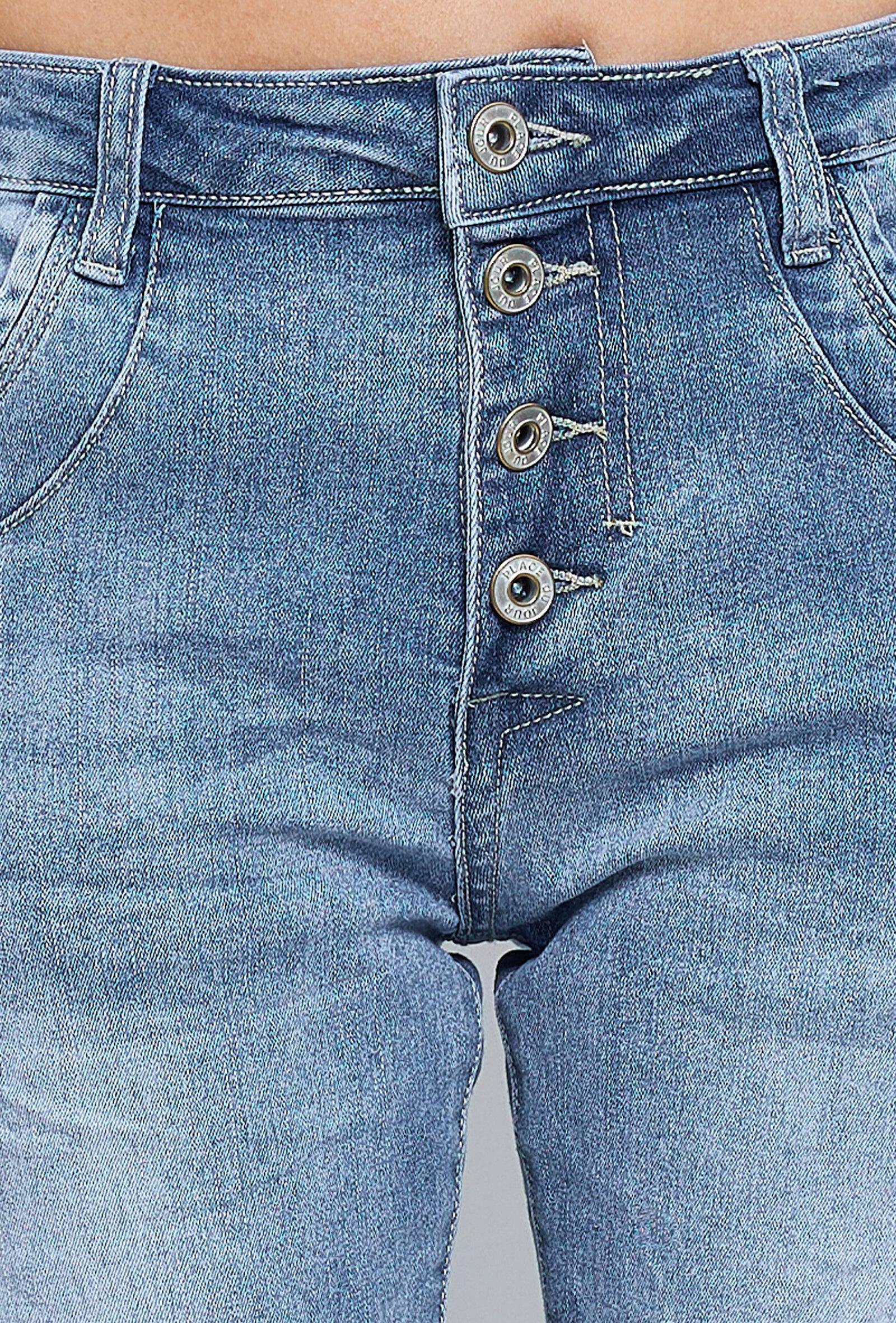 Jean bleu clair,Pantacourt Ambre Taille Haute à Boutons - Femme - Place du Jour Jean bleu clair,Pantacourt Ambre Taille Haute à Boutons - Femme - Place du Jour