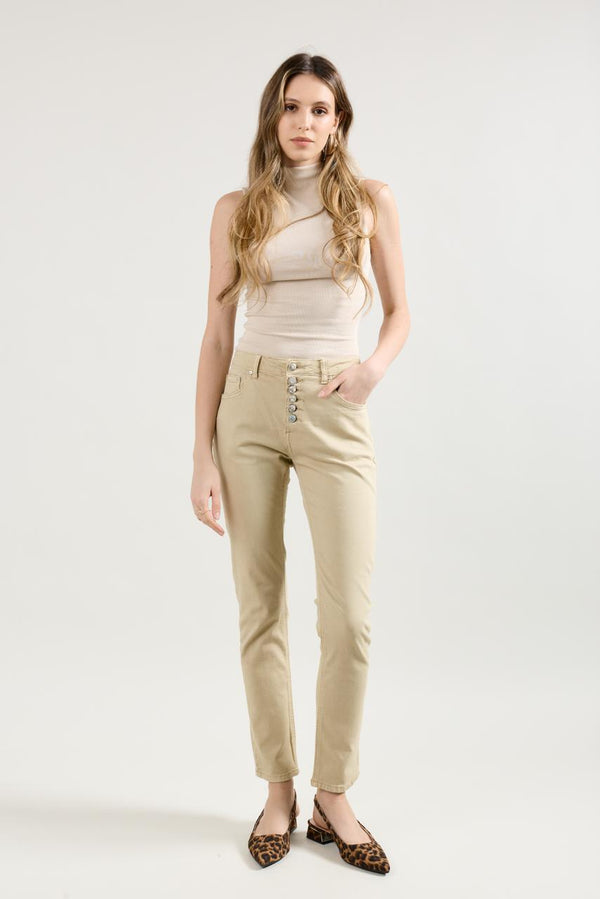 Color:Camel,Pantalon Boyfriend à Boutons Fantaisies Argentés - Jean Femme - Place du Jour
