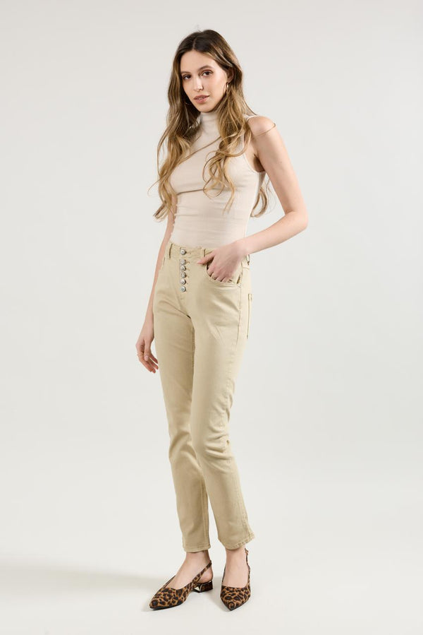 Color:Camel,Pantalon Boyfriend à Boutons Fantaisies Argentés - Jean Femme - Place du Jour