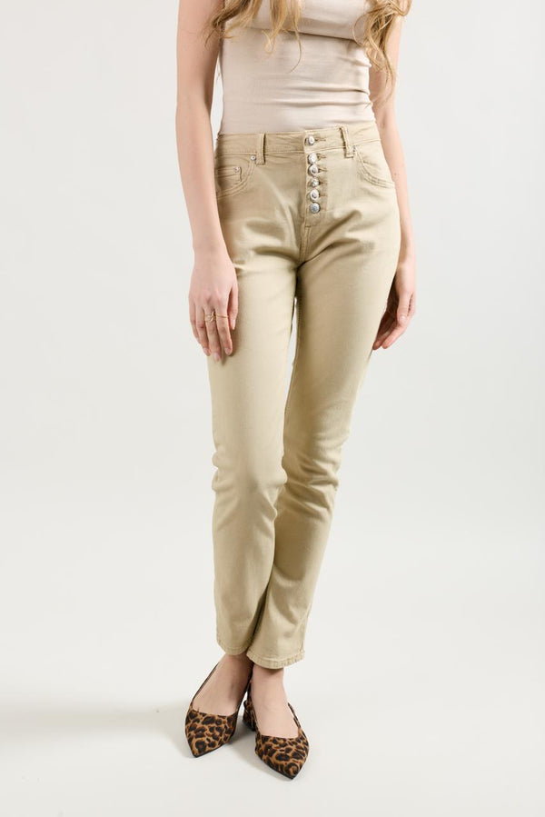 Color:Camel,Pantalon Boyfriend à Boutons Fantaisies Argentés - Jean Femme - Place du Jour