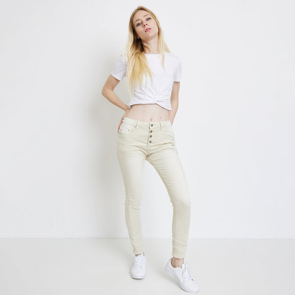Color:Beige, Classique Boyfriend Stretch en Joggjeans - Pantalon couleur femme - Place du jour