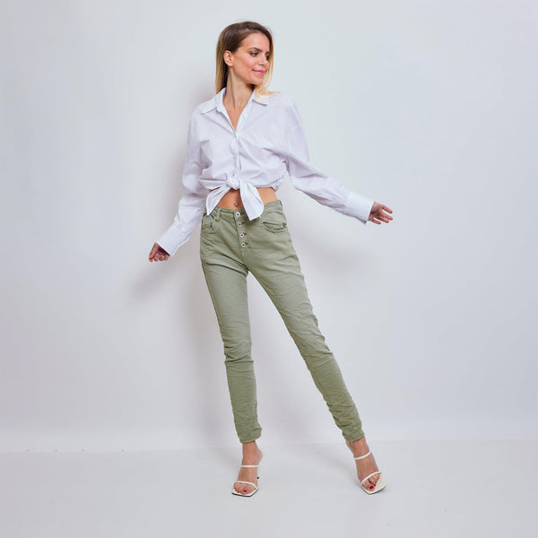 Color:Kaki ,Classique Boyfriend Stretch en Joggjeans - Pantalon couleur femme - Place du jour