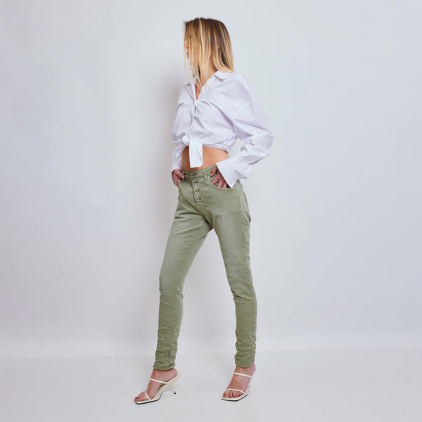 Color:Kaki ,Classique Boyfriend Stretch en Joggjeans - Pantalon couleur femme - Place du jour