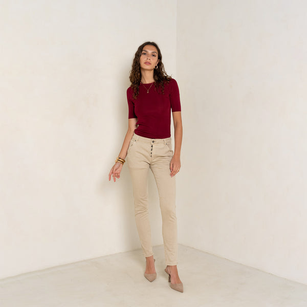 Color:Beige fonce,Boyfriend Numéro 68 Revers Dorés - Pantalon Couleurs Femme - Place du jour