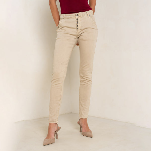 Color:Beige fonce,Boyfriend Numéro 68 Revers Dorés - Pantalon Couleurs Femme - Place du jour