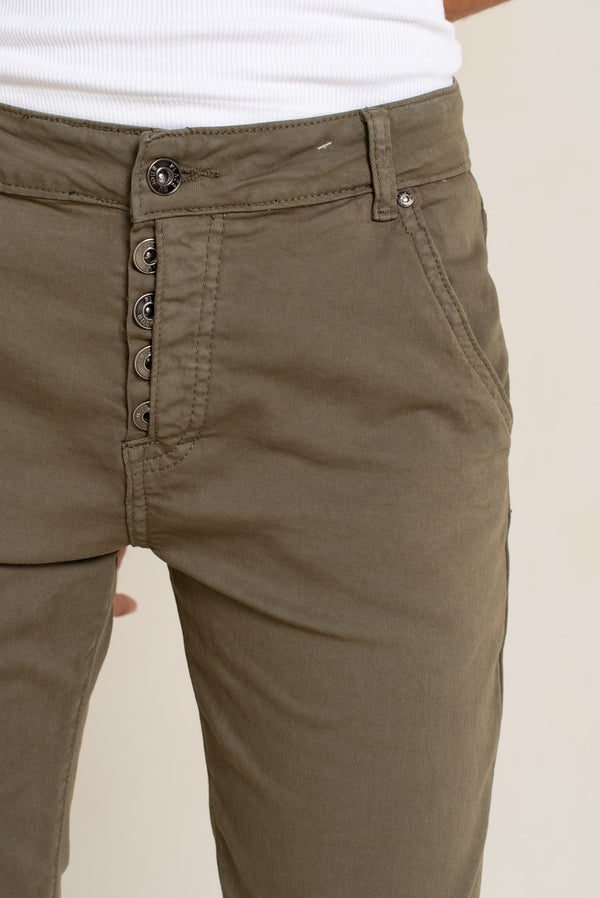 Color:Kaki fonce,Boyfriend Numéro 68 Revers Dorés - Pantalon Couleurs Femme - Place du jour