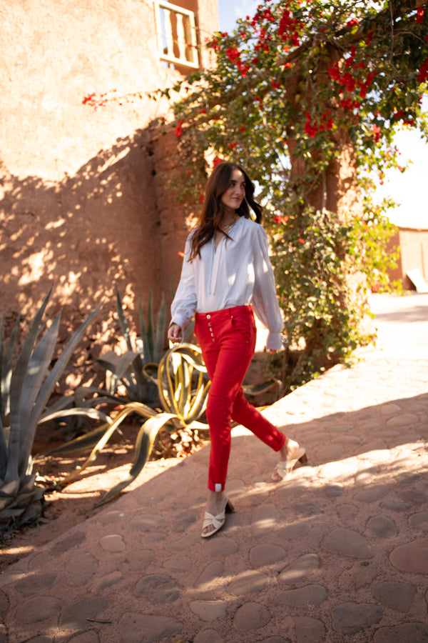 Color:Rouge,Boyfriend avec Revers Blanc - Pantalon Couleurs Femme - Place du jour