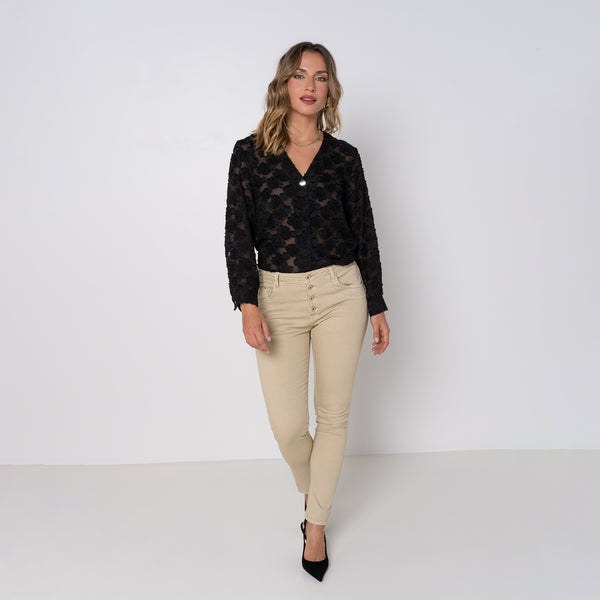 Color:Camel ,Boyfriend Taille Haute à Boutons - Jean femme - Place du jour