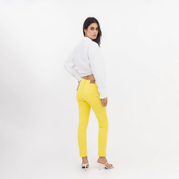 Color:Jaune ,Boyfriend Taille Haute à Boutons - Jean femme - Place du jour