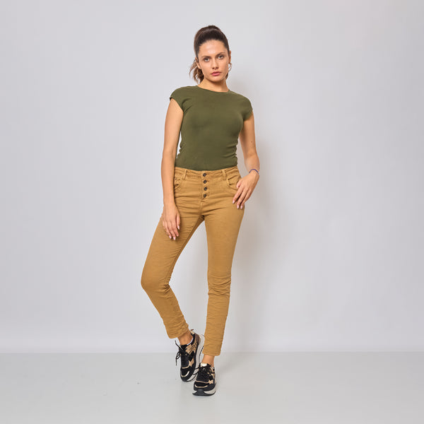 Color:Camel fonce,Boyfriend Taille Haute à Boutons - Jean femme - Place du jour