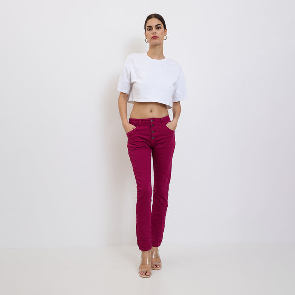 Color:Fuschia fonce,Boyfriend Taille Haute à Boutons - Jean femme - Place du jour