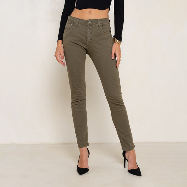 Color:Kaki fonce ,Boyfriend Taille Haute à Boutons - Jean femme - Place du jour