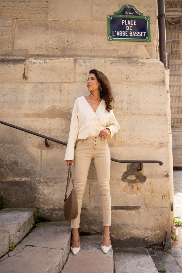 Color:Beige fonce ,Boyfriend Taille Haute à Boutons - Jean femme - Place du jour