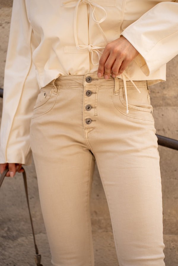 Color:Beige fonce ,Boyfriend Taille Haute à Boutons - Jean femme - Place du jour