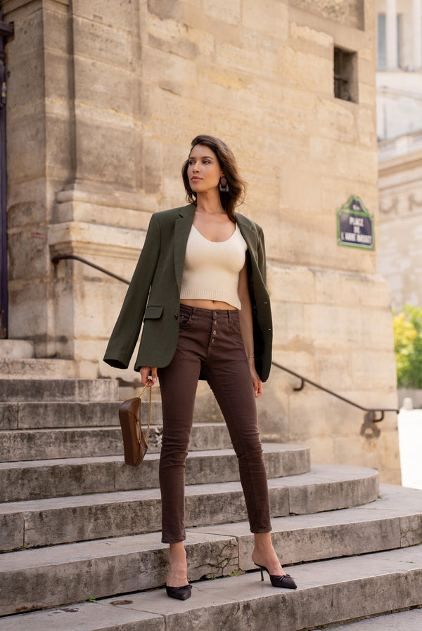 Color:Choco ,Boyfriend Taille Haute à Boutons - Pantalon femme - Place du jour