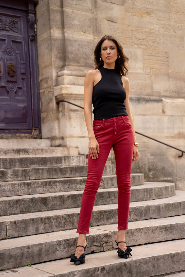 Color:Rouge fonce,Boyfriend Taille Haute à Boutons - Jean femme - Place du jour
