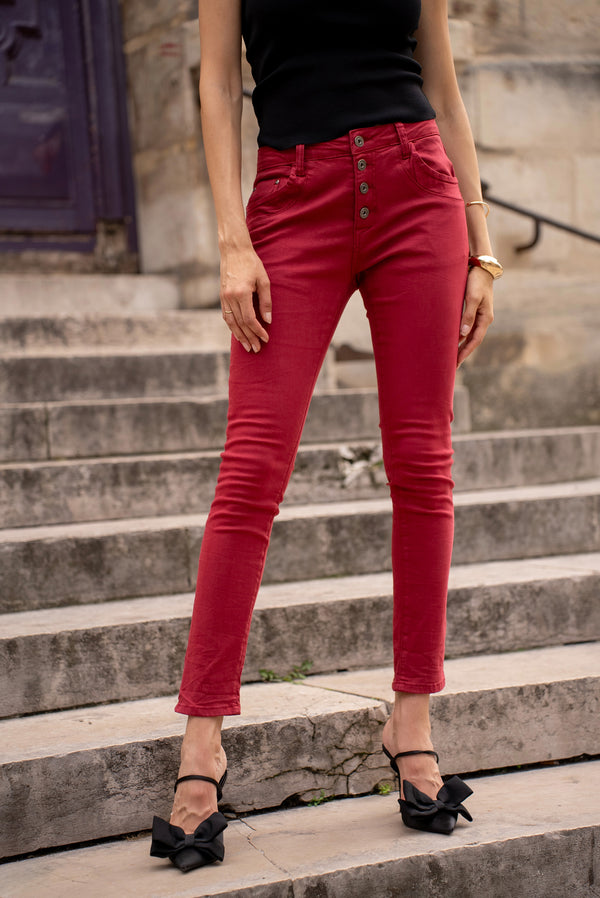 Color:Rouge fonce,Boyfriend Taille Haute à Boutons - Jean femme - Place du jour