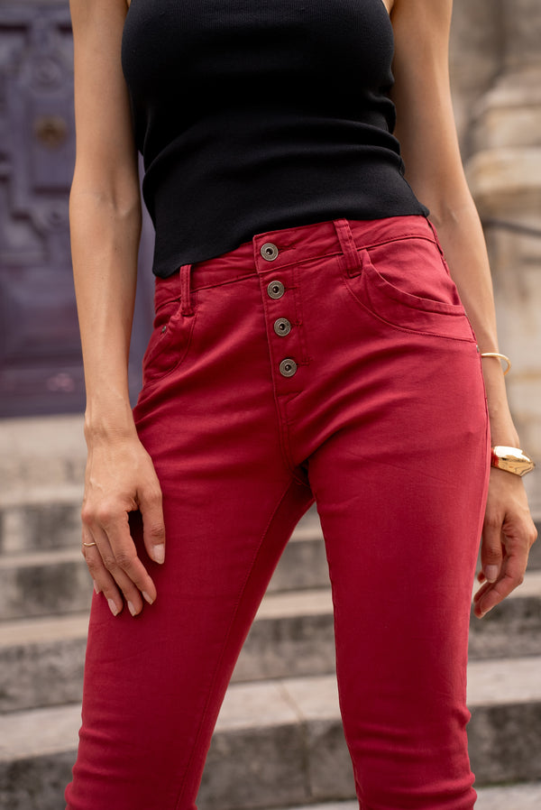 Color:Rouge fonce,Boyfriend Taille Haute à Boutons - Jean femme - Place du jour