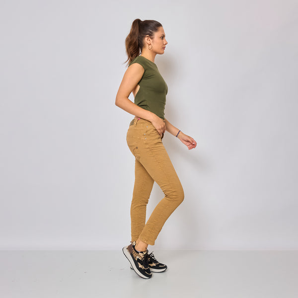 Color:Camel fonce,Boyfriend Taille Haute à Boutons - Jean femme - Place du jour