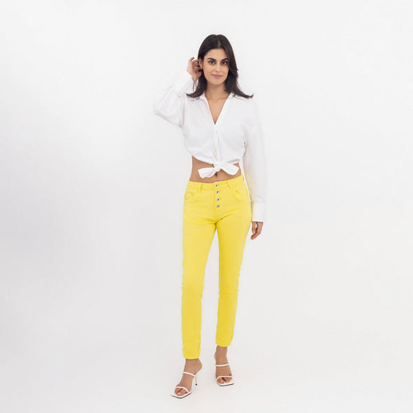 Color:Jaune ,Boyfriend Taille Haute à Boutons - Jean femme - Place du jour