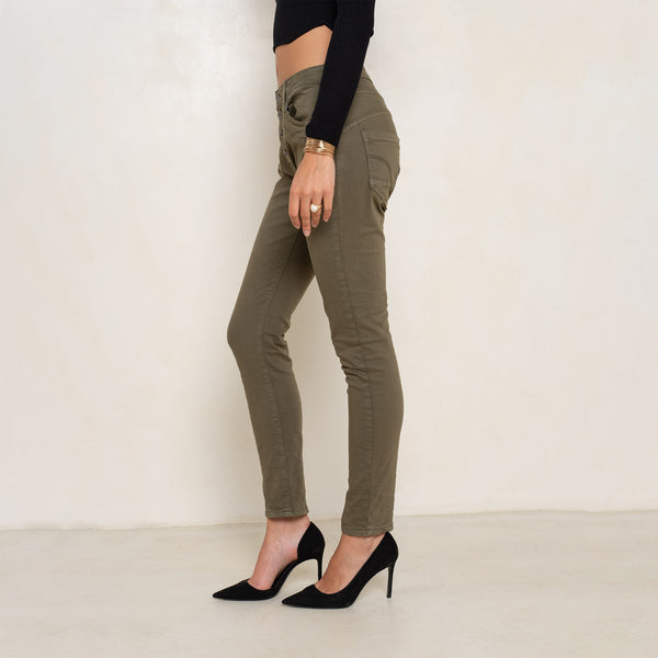 Color:Kaki fonce ,Boyfriend Taille Haute à Boutons - Jean femme - Place du jour