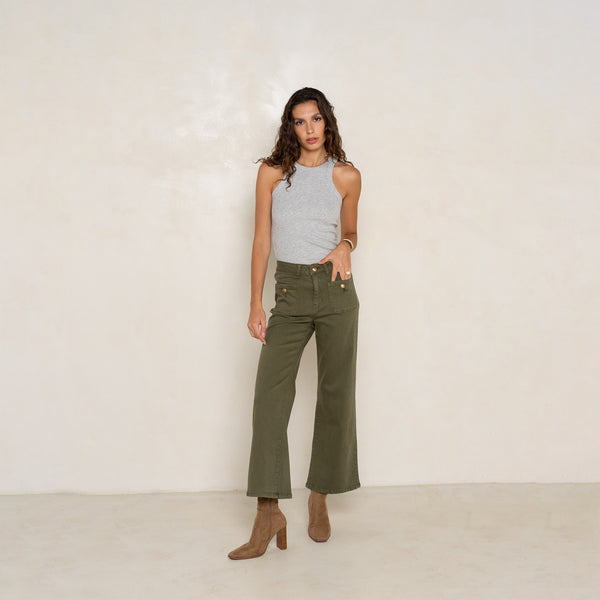 Color:Kaki fonce,Elia Coupe évasée poche plaquée - Jean femme - Place du jour