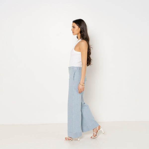 Color:Bleu,Pantalon Lila rayé coupe large - Pantalon femme - Place du jour