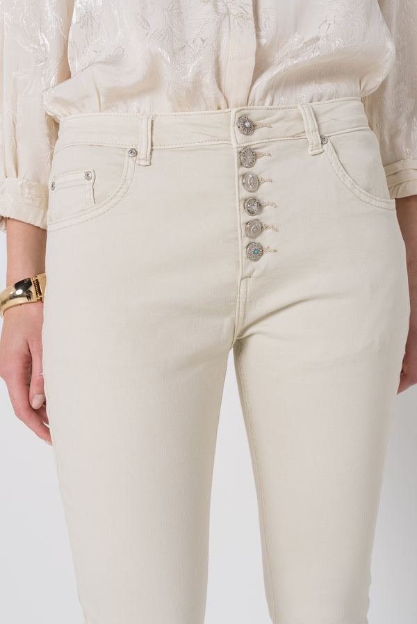 Color:Beige ,Boyfriend avec boutons fantaisies - Pantalon Couleurs Femme - Place du jour