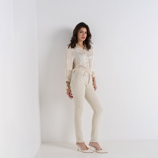 Color:Beige ,Boyfriend avec boutons fantaisies - Pantalon Couleurs Femme - Place du jour