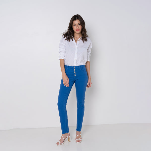 Color:Bleu ,Boyfriend avec boutons fantaisies - Pantalon Couleurs Femme - Place du jour