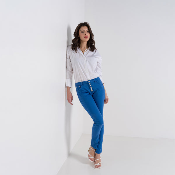 Color:Bleu ,Boyfriend avec boutons fantaisies - Pantalon Couleurs Femme - Place du jour