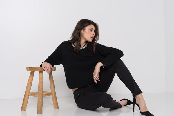 Color:Noir ,Boyfriend avec boutons fantaisies - Pantalon Couleurs Femme - Place du jour