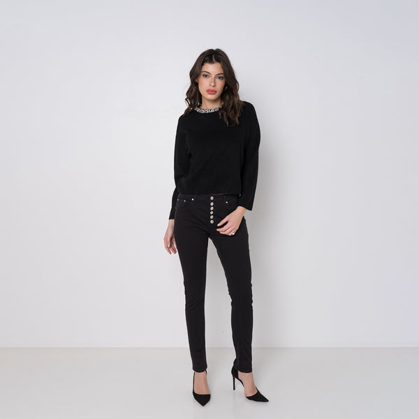 Color:Noir ,Boyfriend avec boutons fantaisies - Pantalon Couleurs Femme - Place du jour