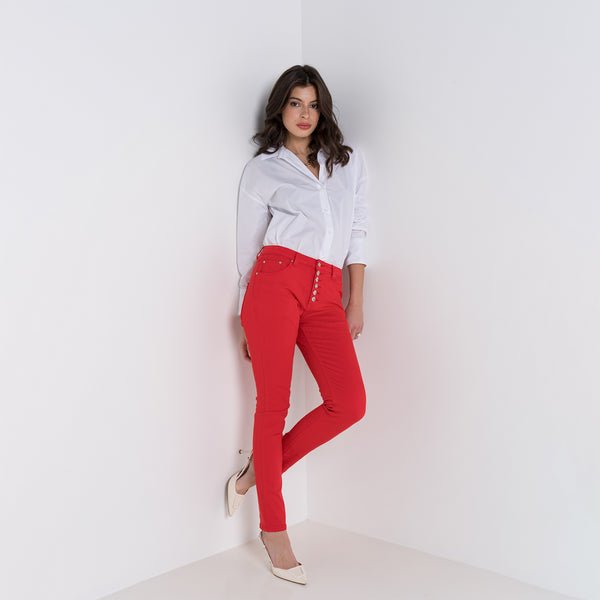 Color:Rouge ,Boyfriend avec boutons fantaisies - Pantalon Couleurs Femme - Place du jour