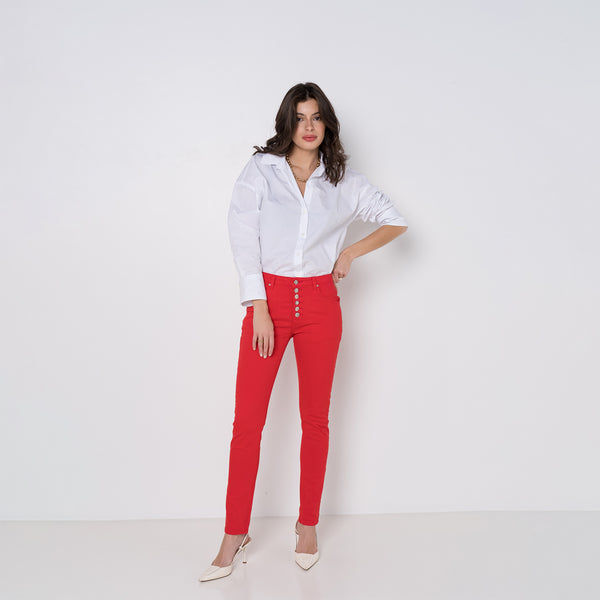 Color:Rouge ,Boyfriend avec boutons fantaisies - Pantalon Couleurs Femme - Place du jour