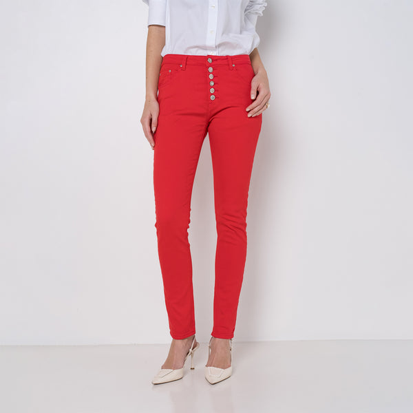 Color:Rouge ,Boyfriend avec boutons fantaisies - Pantalon Couleurs Femme - Place du jour