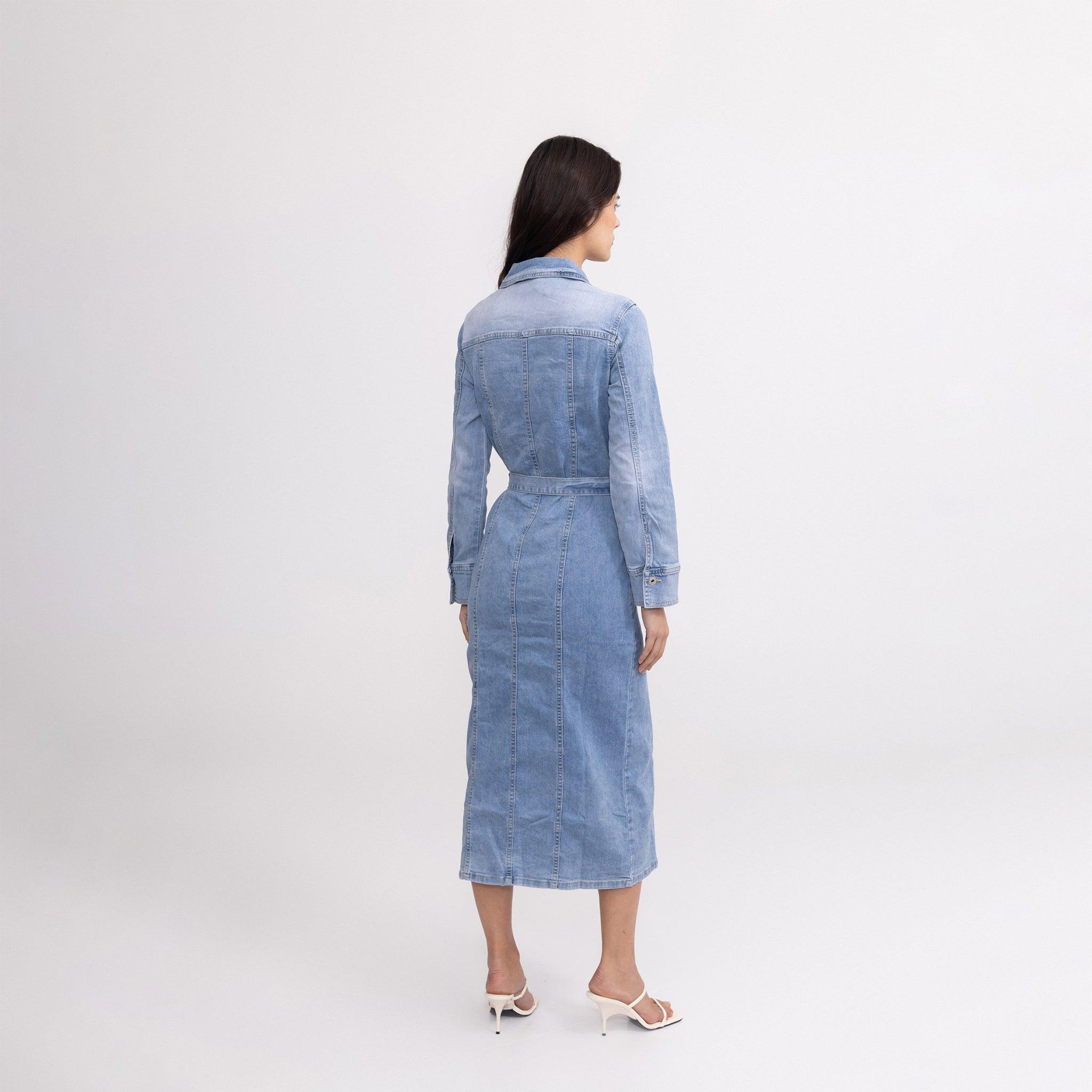Jean bleu clair, Robe en jeans longue - fendue - Jean Femme - Place du jour Jean bleu clair, Robe en jeans longue - fendue - Jean Femme - Place du jour