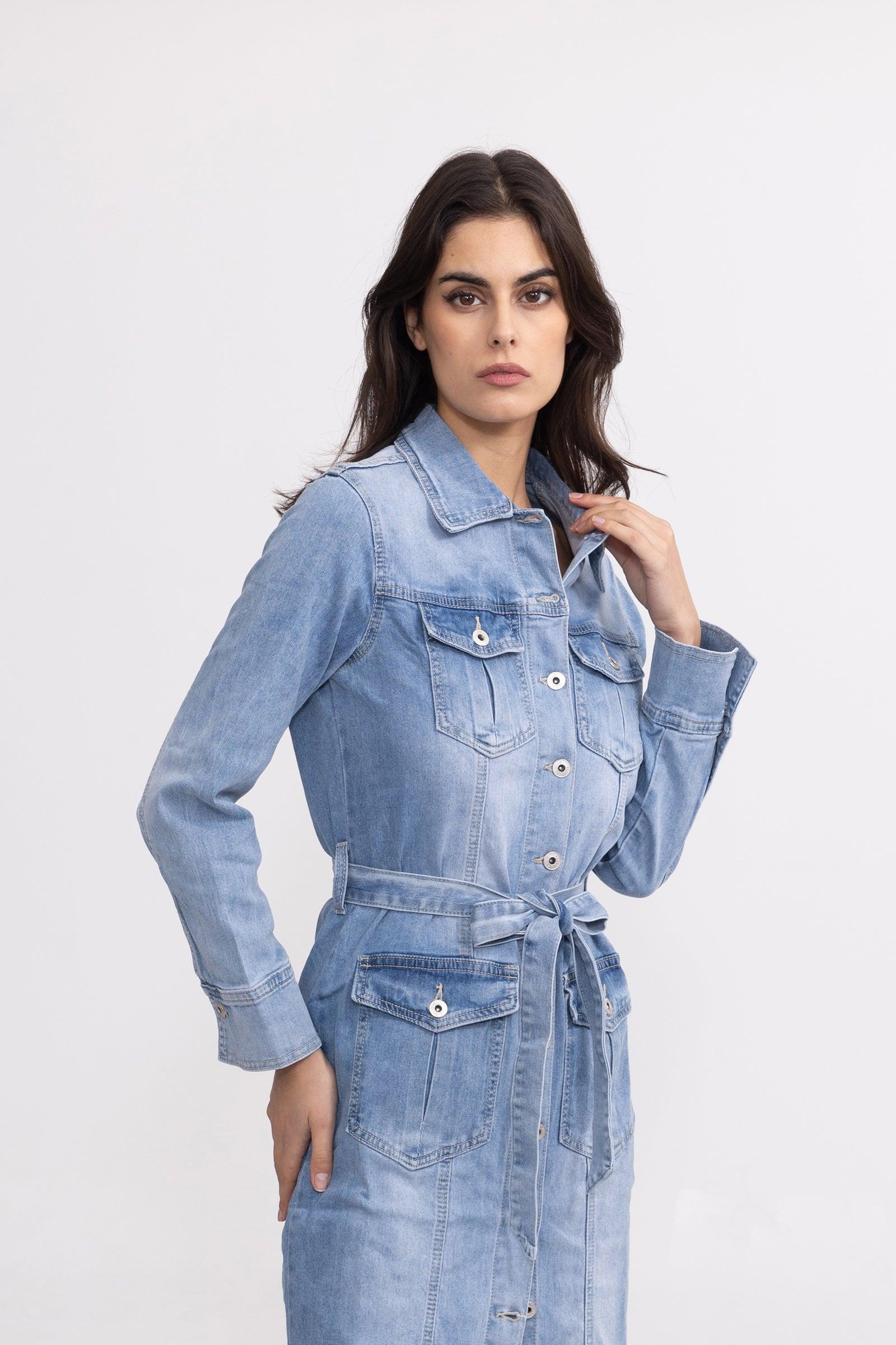 Jean bleu clair, Robe en jeans longue - fendue - Jean Femme - Place du jour Jean bleu clair, Robe en jeans longue - fendue - Jean Femme - Place du jour