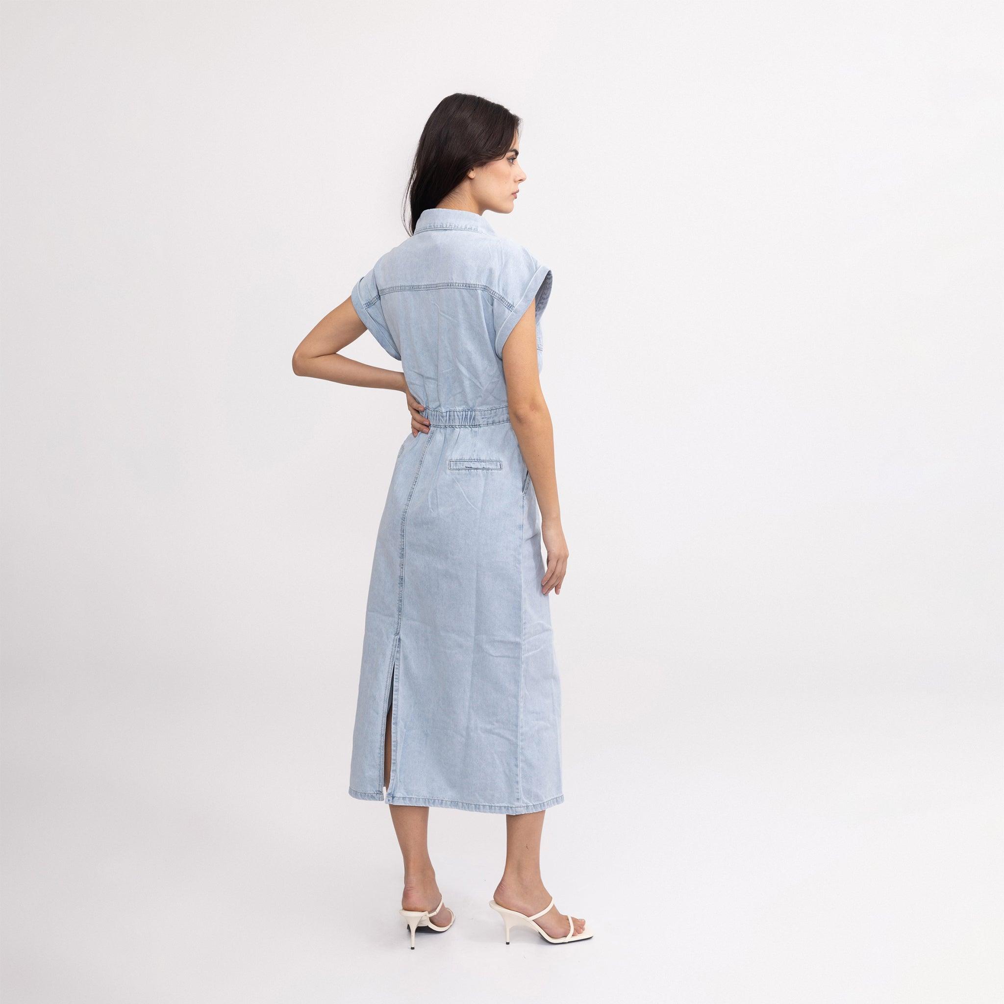 Jean bleu clair,Robe en Jeans Clair à Manches Courtes - Femme - Place du jour Jean bleu clair,Robe en Jeans Clair à Manches Courtes - Femme - Place du jour