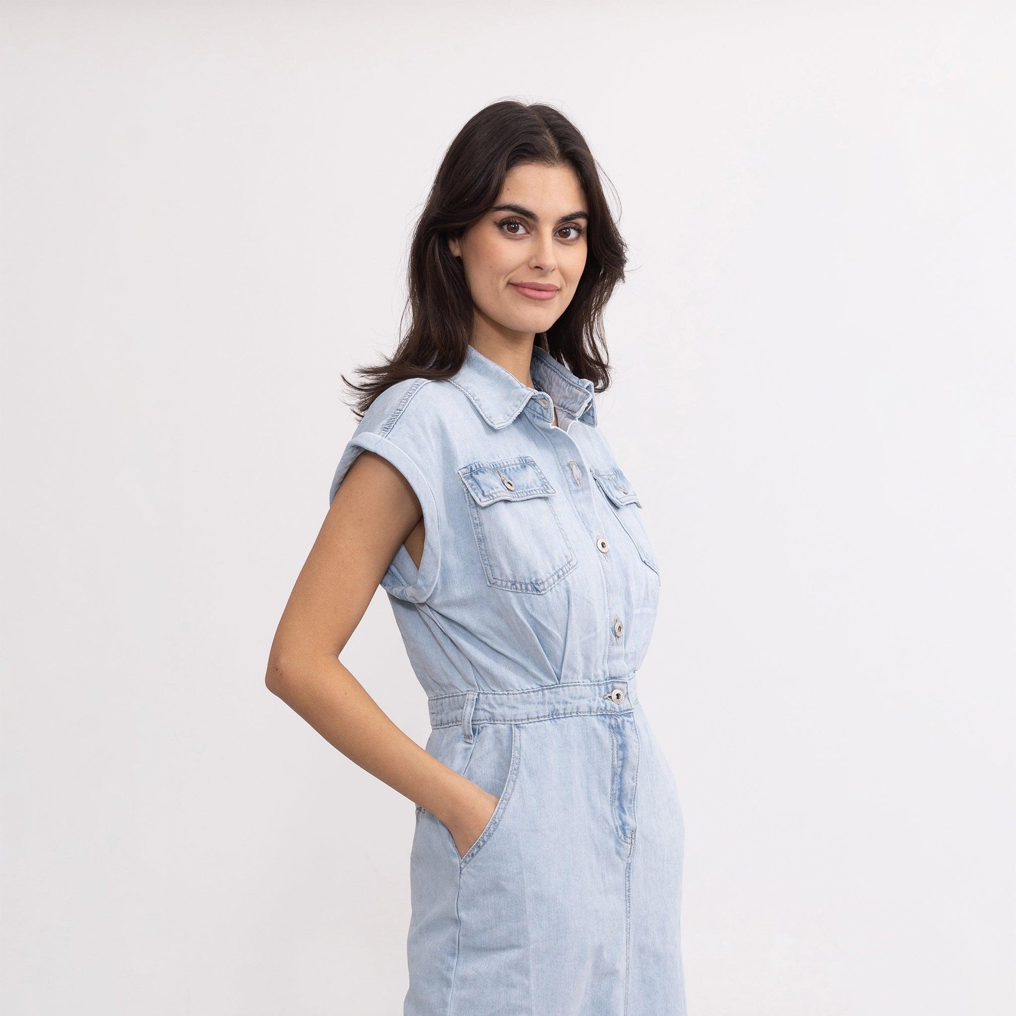 Jean bleu clair,Robe en Jeans Clair à Manches Courtes - Femme - Place du jour Jean bleu clair,Robe en Jeans Clair à Manches Courtes - Femme - Place du jour