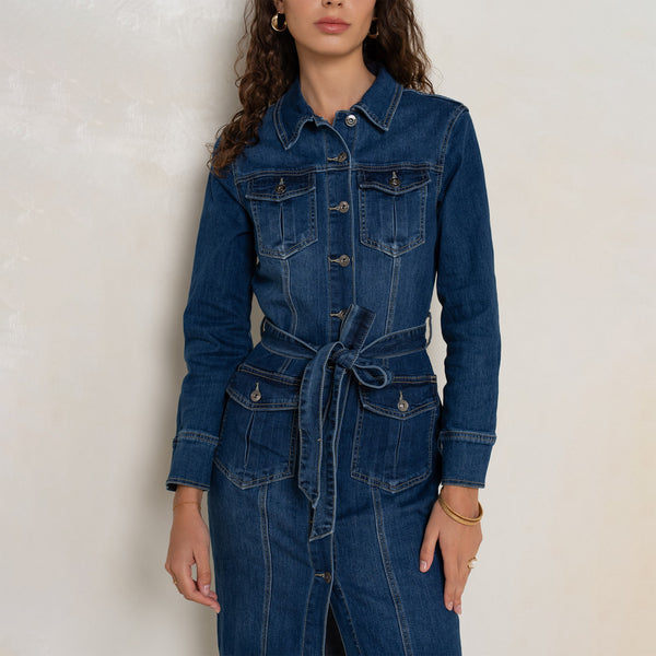 Color:Jean bleu fonce, Robe en jeans longue - fendue - Jean Femme - Place du jour
