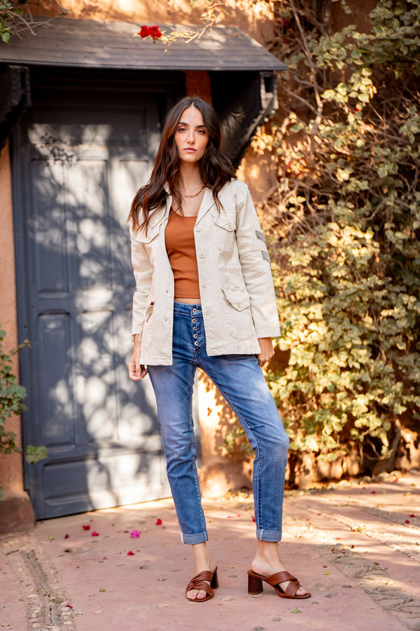 Color:Jean bleu,Jean Femme Boyfriend Taille Haute Avec Revers Blanc - Place du jour