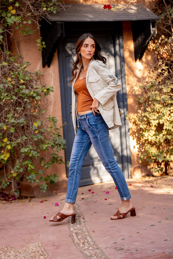 Color:Jean bleu,Jean Femme Boyfriend Taille Haute Avec Revers Blanc - Place du jour