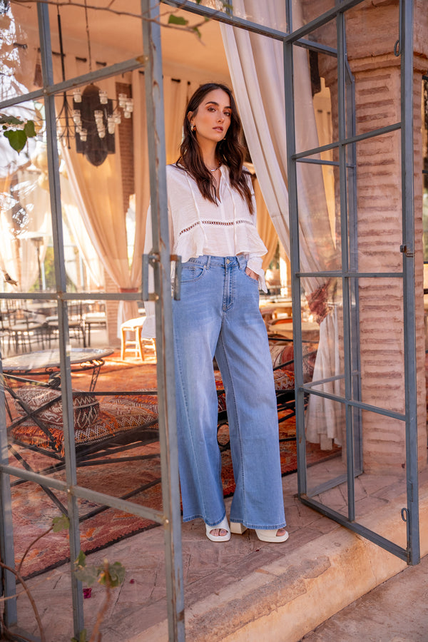 Color:Jean bleu,Jean Bleu Fonce Taille Haute Evasé - Jean Femme - Place du jour