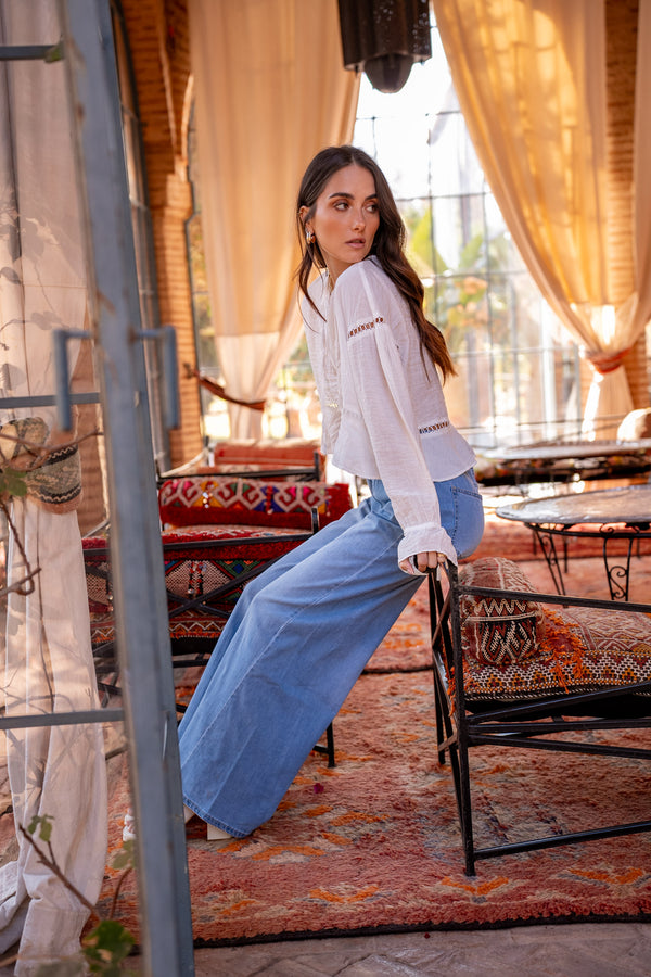 Color:Jean bleu,Jean Bleu Fonce Taille Haute Evasé - Jean Femme - Place du jour