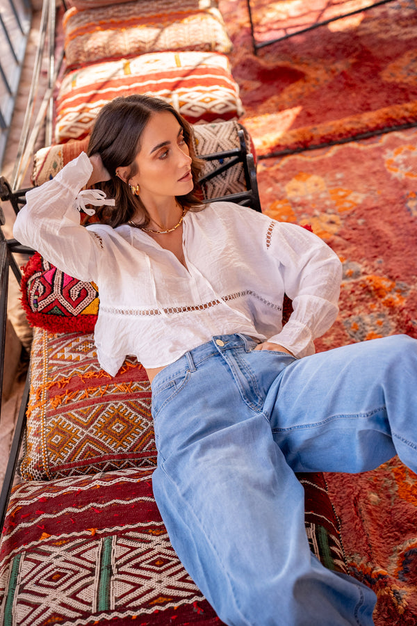 Color:Jean bleu,Jean Bleu Fonce Taille Haute Evasé - Jean Femme - Place du jour