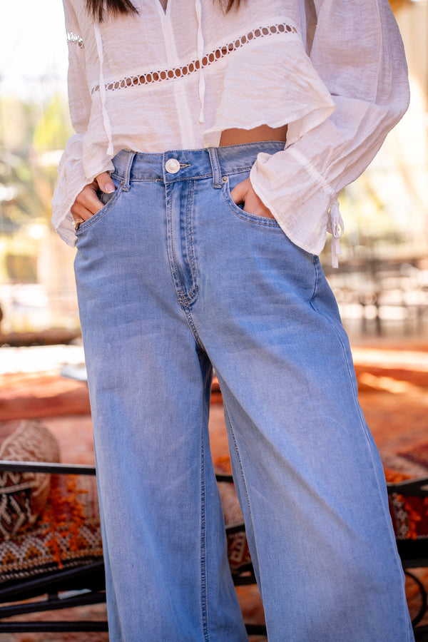 Color:Jean bleu,Jean Bleu Fonce Taille Haute Evasé - Jean Femme - Place du jour