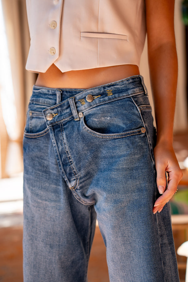 Color:Jean bleu,Jean Loose Cross à Fermeture Asymétrique - Jean Femme - Place du jour